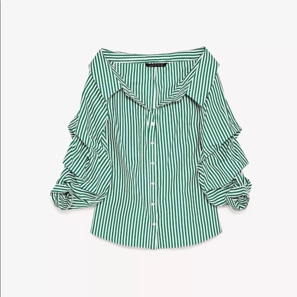 NWT Zara Green White Striped Open Neck Button Down - Picture 2 of 8